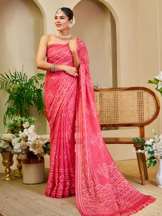 Pink Tissue Handloom Cotton Saree with Bandhani Print Work