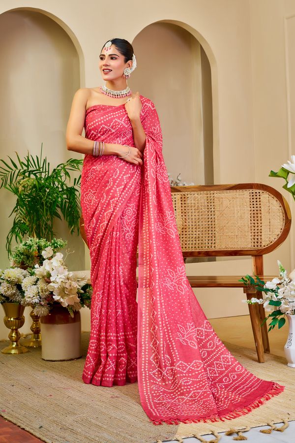 Pink Tissue Handloom Cotton Saree with Bandhani Print Work