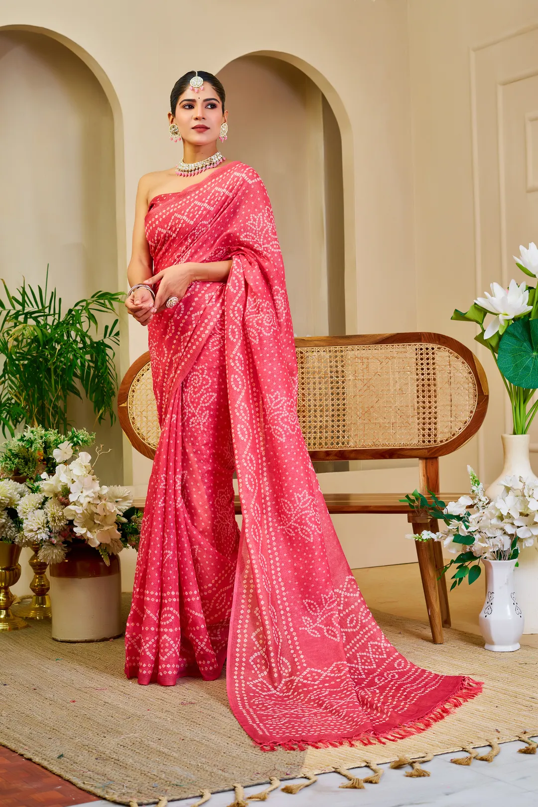 Pink Tissue Handloom Cotton Saree with Bandhani Print Work