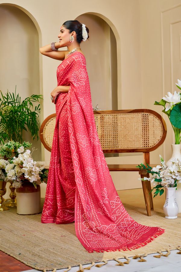 Pink Tissue Handloom Cotton Saree with Bandhani Print Work