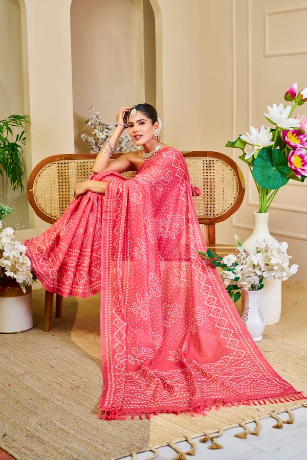 Pink Tissue Handloom Cotton Saree with Bandhani Print Work