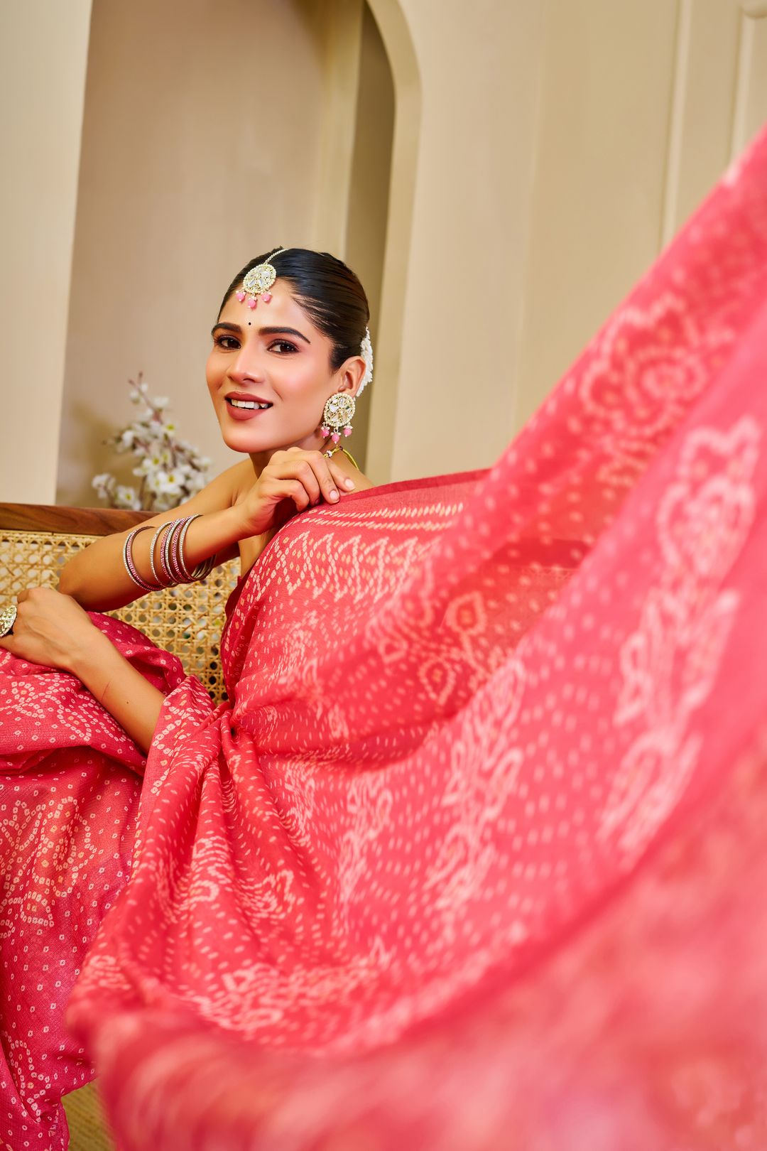 Pink Tissue Handloom Cotton Saree with Bandhani Print Work