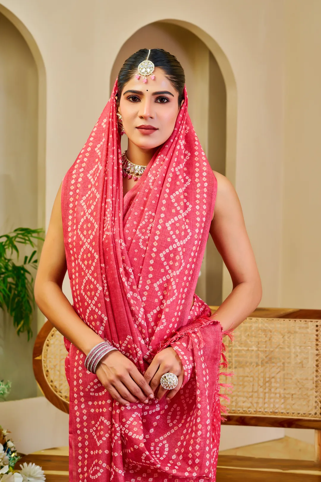 Pink Tissue Handloom Cotton Saree with Bandhani Print Work