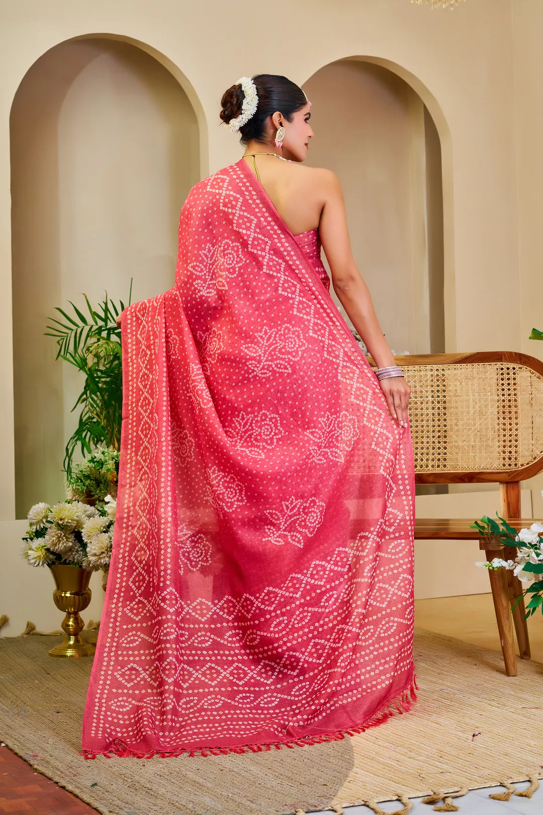 Pink Tissue Handloom Cotton Saree with Bandhani Print Work