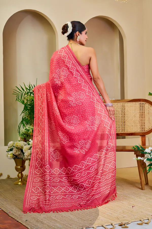 Pink Tissue Handloom Cotton Saree with Bandhani Print Work