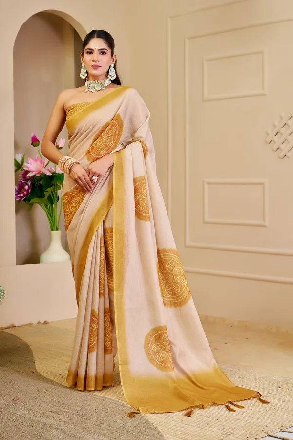 Cream Tissue Handloom Cotton Saree with Golden Motif Prints