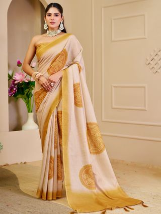 Cream Tissue Handloom Cotton Saree with Golden Motif Prints