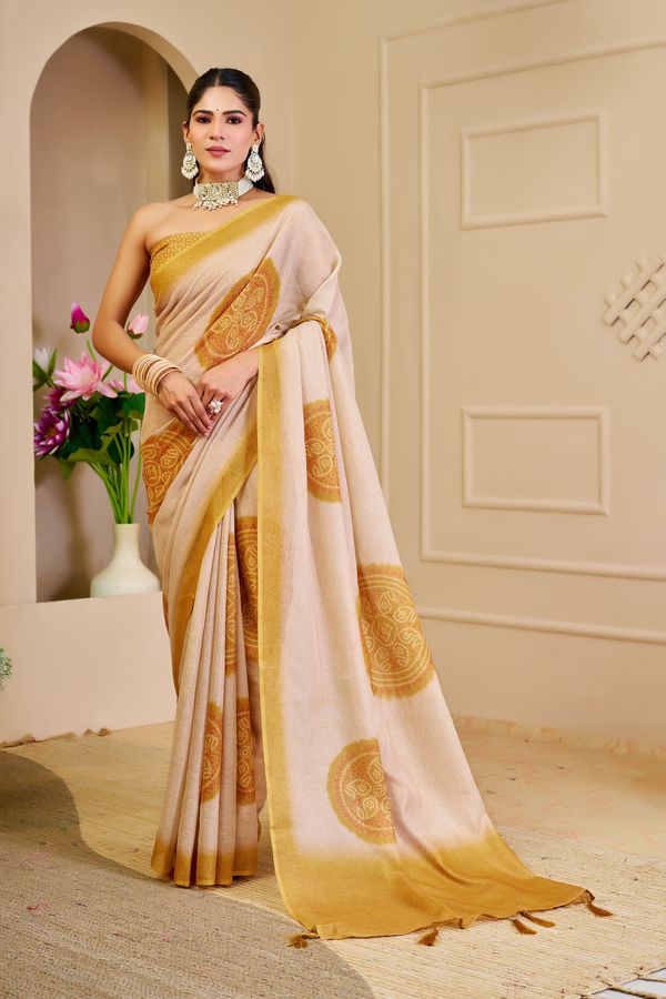 Cream Tissue Handloom Cotton Saree with Golden Motif Prints
