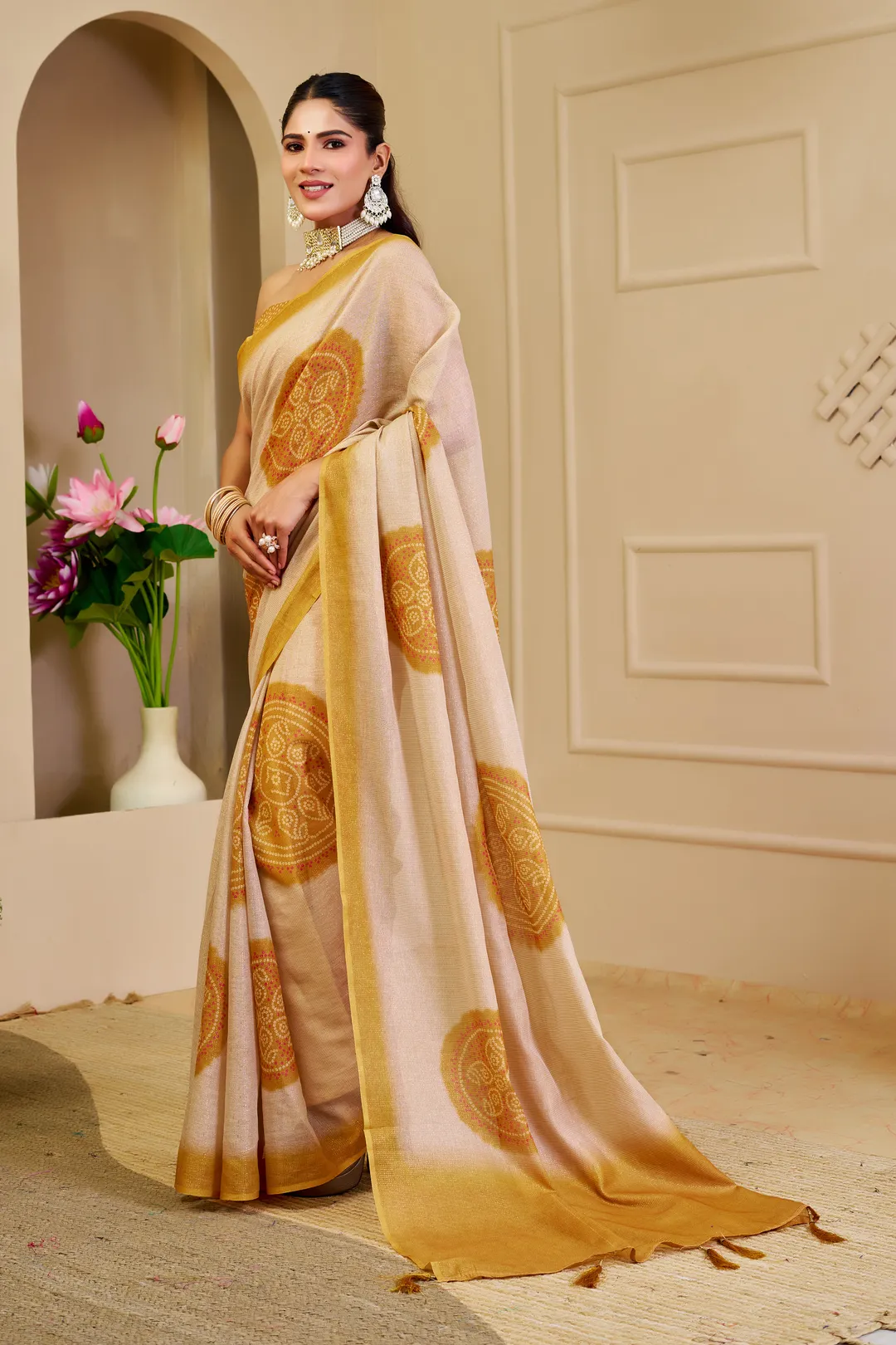 Cream Tissue Handloom Cotton Saree with Golden Motif Prints