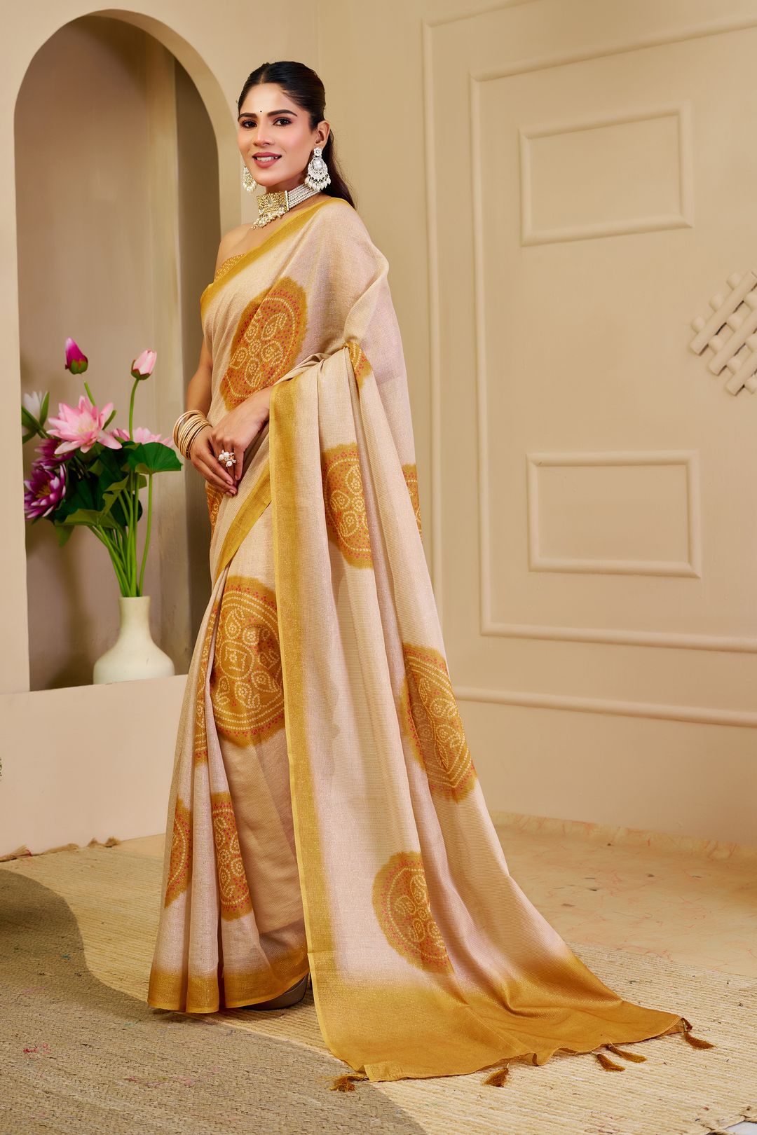Cream Tissue Handloom Cotton Saree with Golden Motif Prints