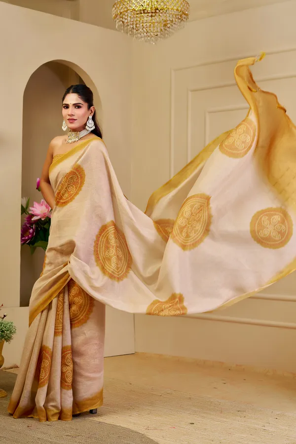 Cream Tissue Handloom Cotton Saree with Golden Motif Prints