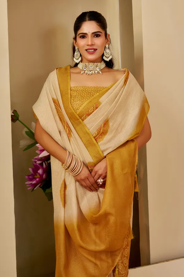 Cream Tissue Handloom Cotton Saree with Golden Motif Prints