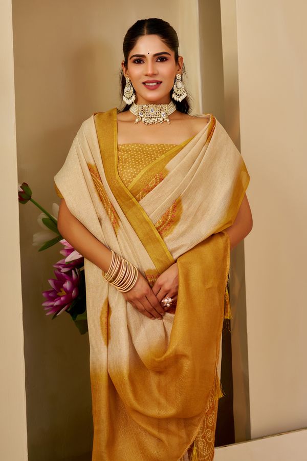 Cream Tissue Handloom Cotton Saree with Golden Motif Prints