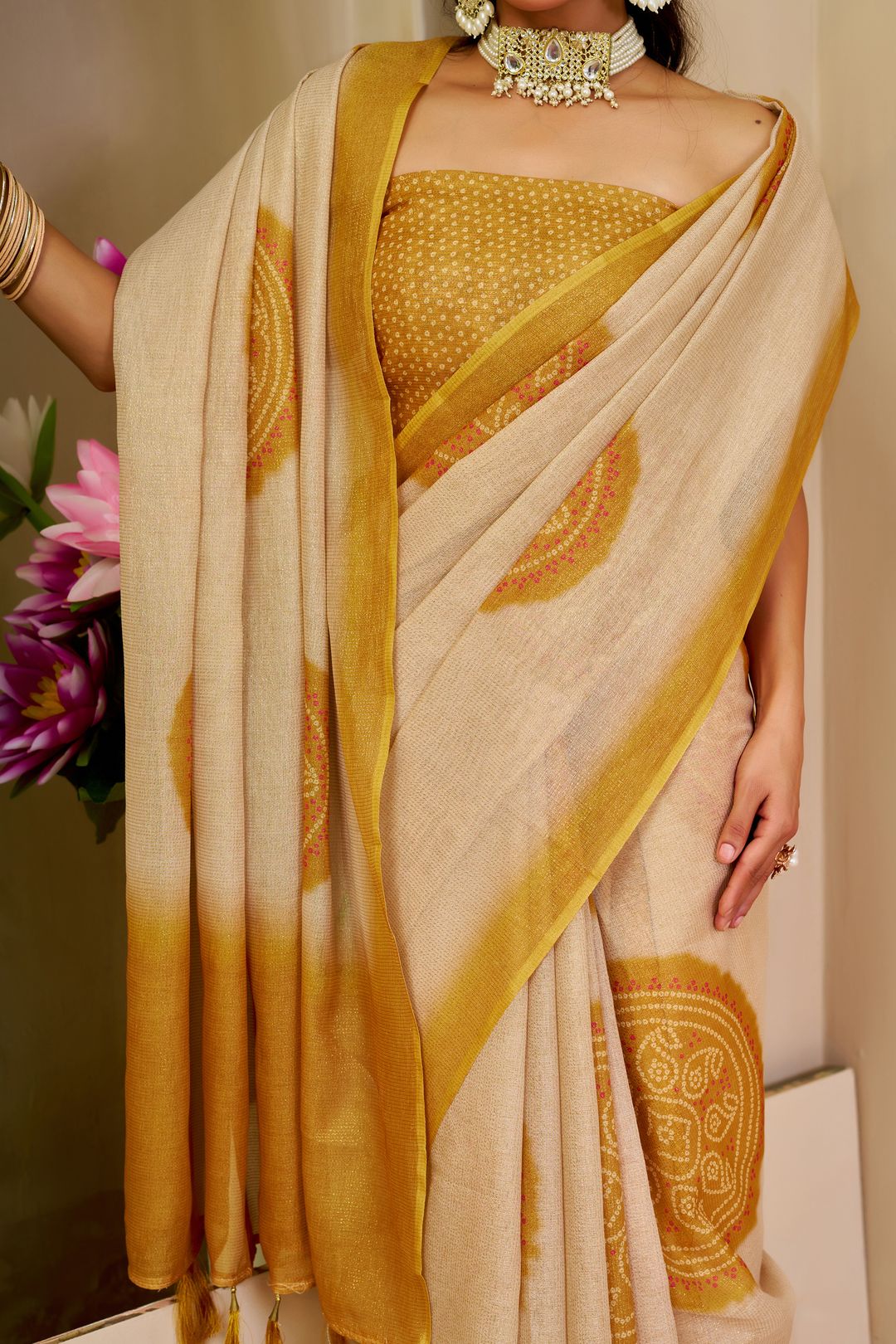 Cream Tissue Handloom Cotton Saree with Golden Motif Prints