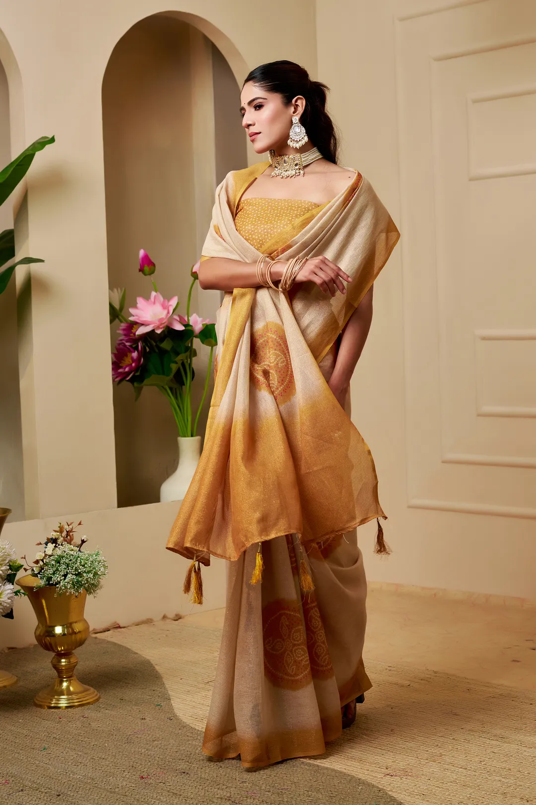 Cream Tissue Handloom Cotton Saree with Golden Motif Prints
