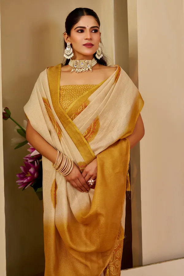 Cream Tissue Handloom Cotton Saree with Golden Motif Prints