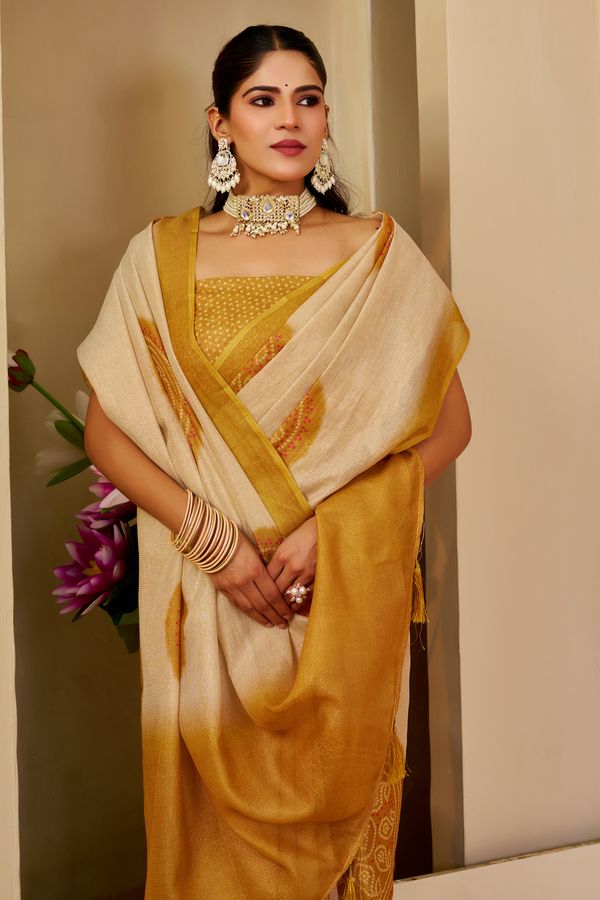 Cream Tissue Handloom Cotton Saree with Golden Motif Prints