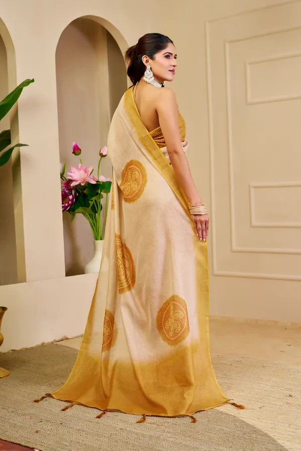 Cream Tissue Handloom Cotton Saree with Golden Motif Prints