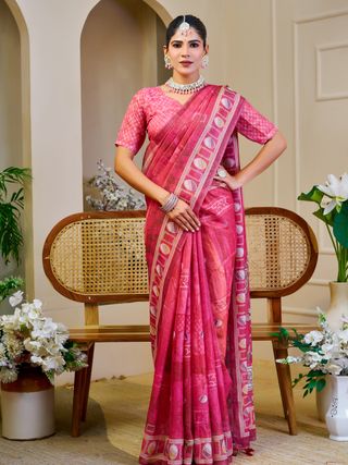 Pink Tissue Handloom Cotton Saree With Zari Weave | Varnavi