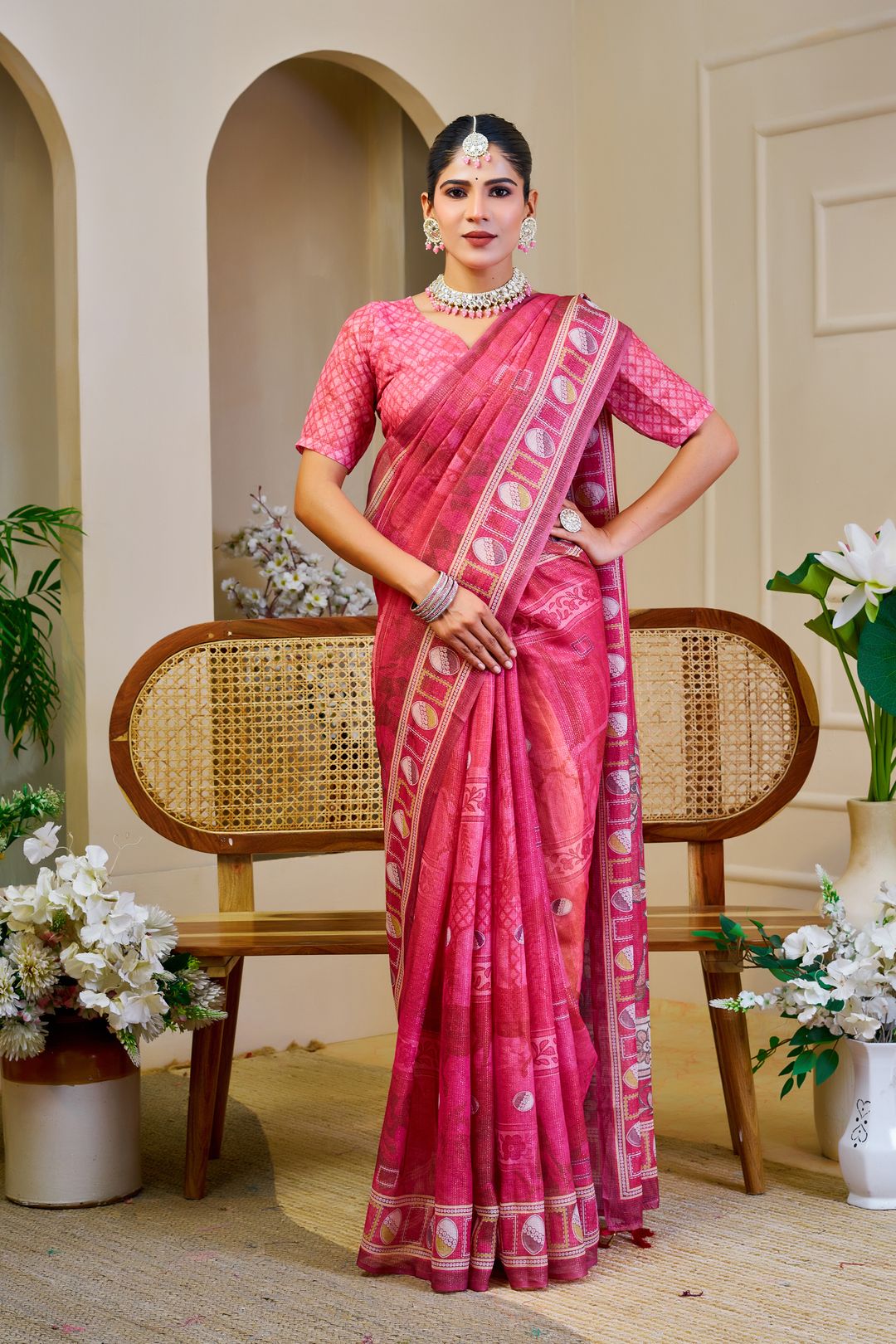 Pink Tissue Handloom Cotton Saree With Zari Weave | Varnavi