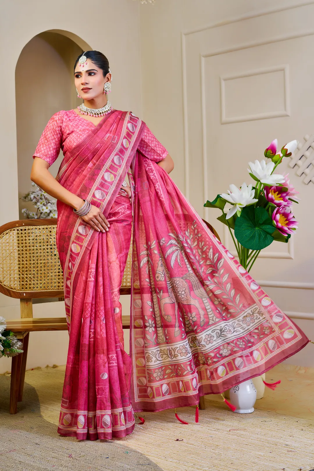 Pink Tissue Handloom Cotton Saree With Zari Weave | Varnavi