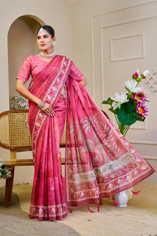 Pink Tissue Handloom Cotton Saree With Zari Weave | Varnavi