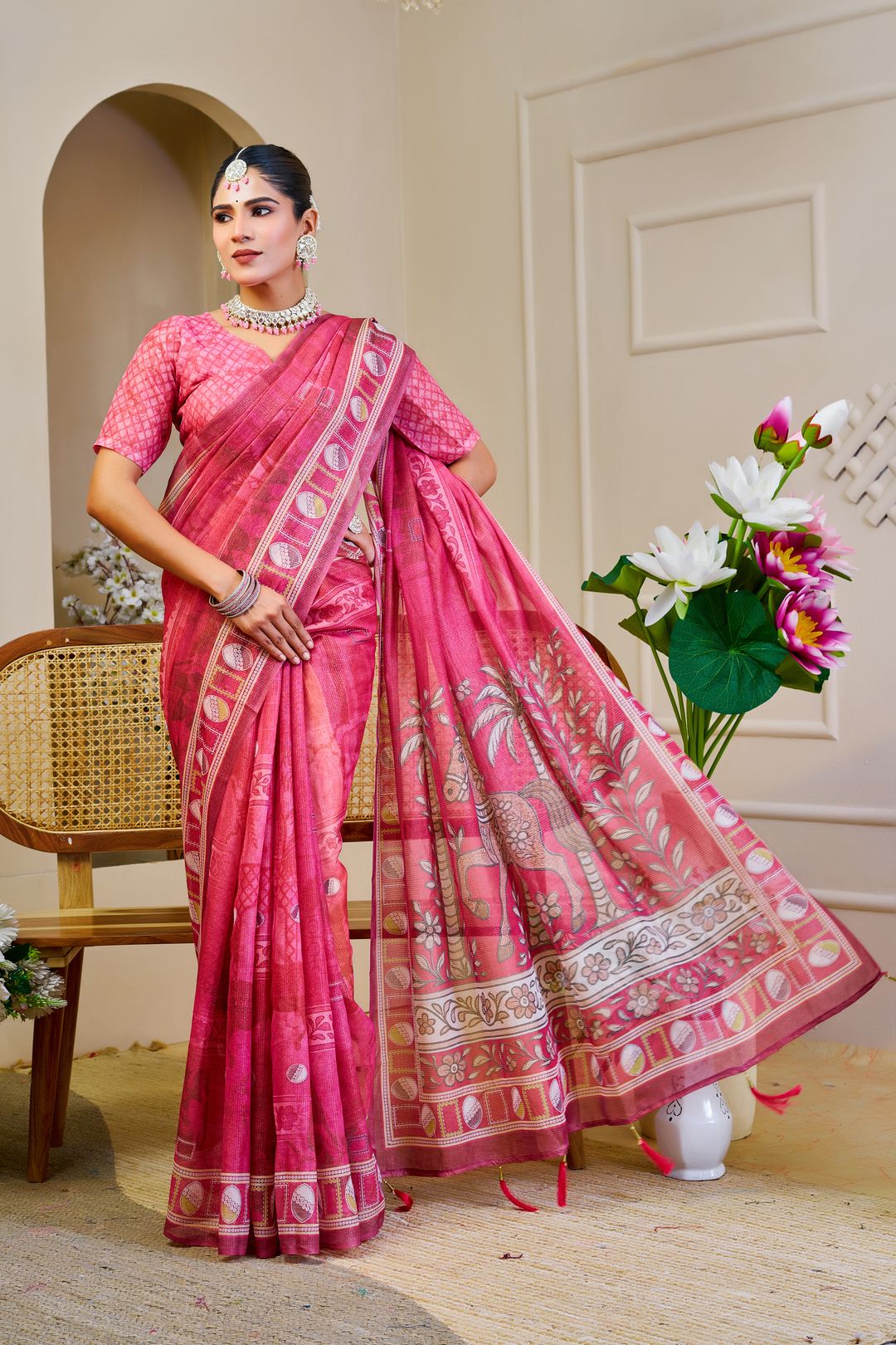 Pink Tissue Handloom Cotton Saree With Zari Weave | Varnavi