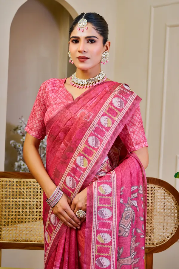Pink Tissue Handloom Cotton Saree With Zari Weave | Varnavi