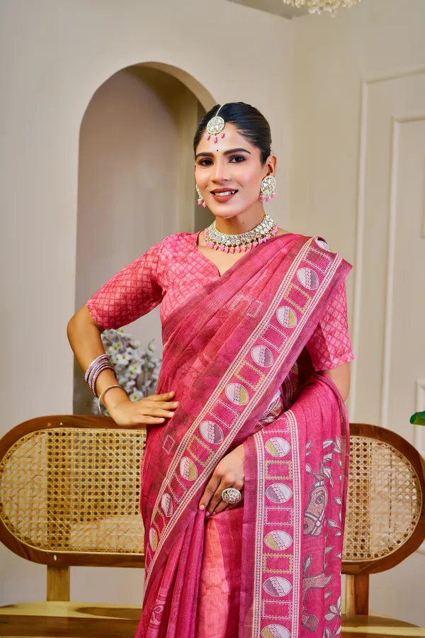 Pink Tissue Handloom Cotton Saree With Zari Weave | Varnavi