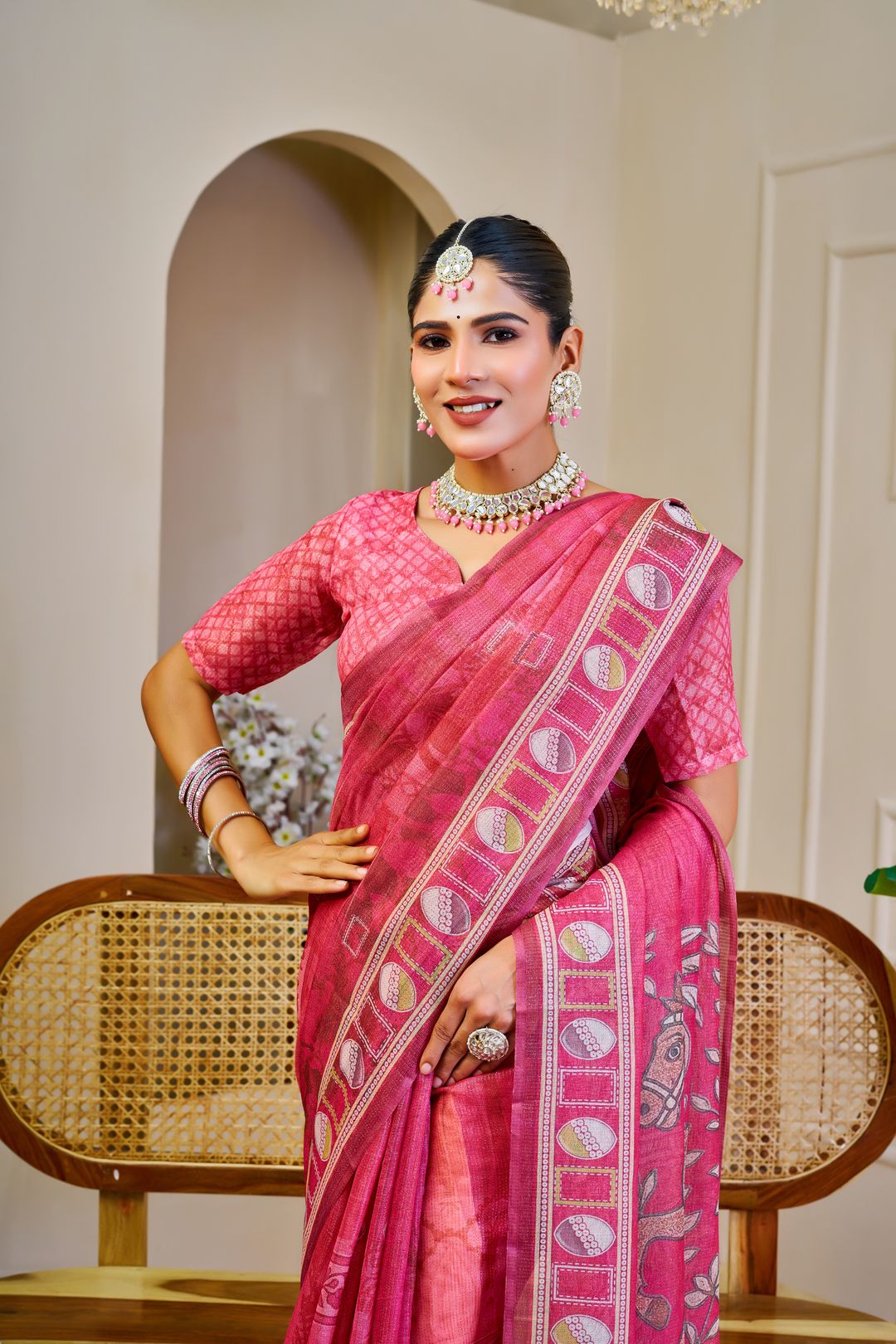 Pink Tissue Handloom Cotton Saree With Zari Weave | Varnavi