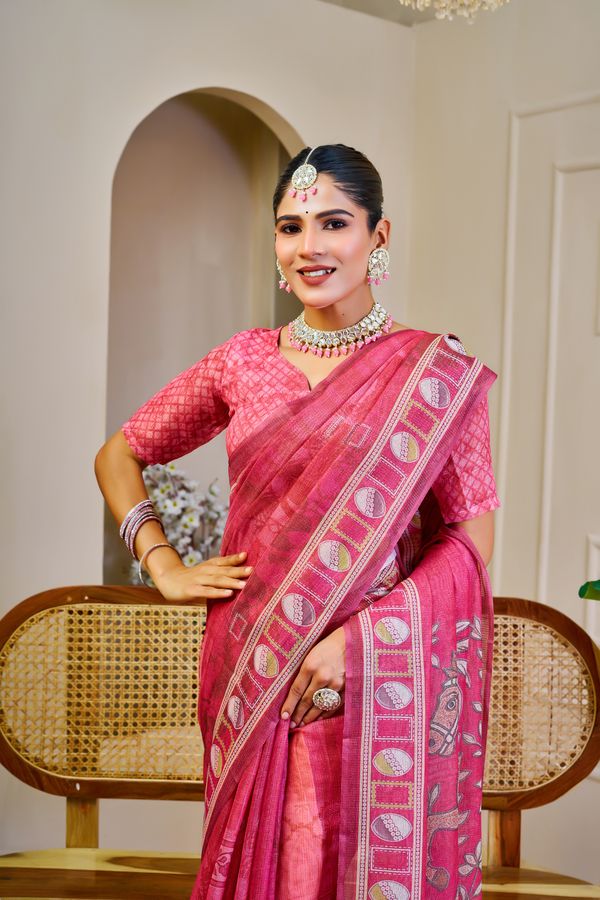 Pink Tissue Handloom Cotton Saree With Zari Weave | Varnavi