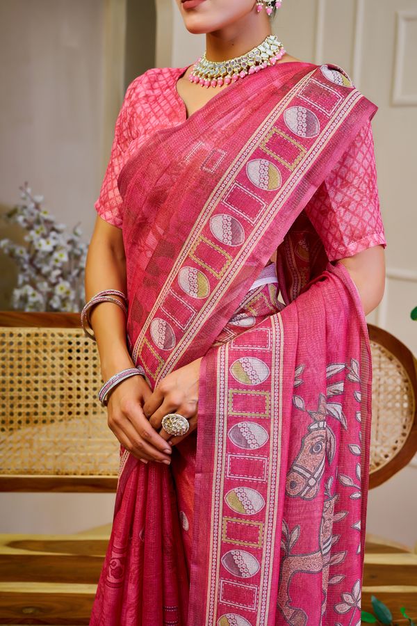 Pink Tissue Handloom Cotton Saree With Zari Weave | Varnavi