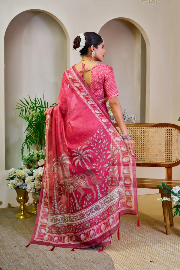 Pink Tissue Handloom Cotton Saree With Zari Weave | Varnavi