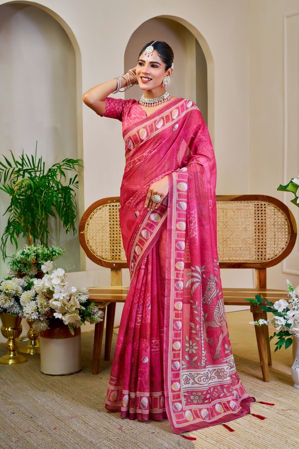 Pink Tissue Handloom Cotton Saree With Zari Weave | Varnavi