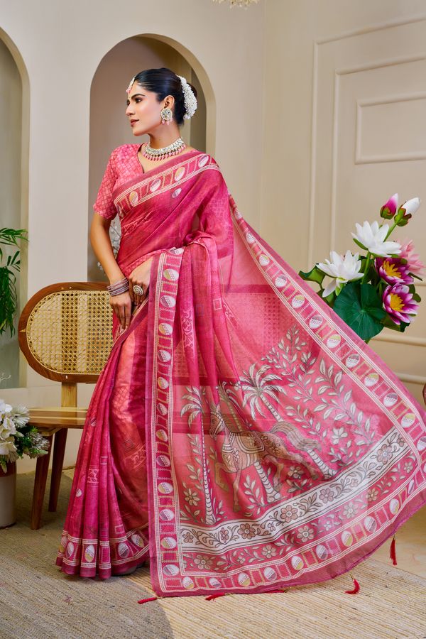 Pink Tissue Handloom Cotton Saree With Zari Weave | Varnavi