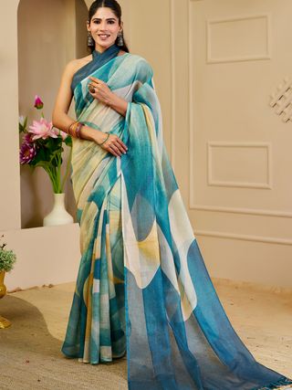 Teal Tissue Handloom Cotton Saree with Zari Weave | Varnavi