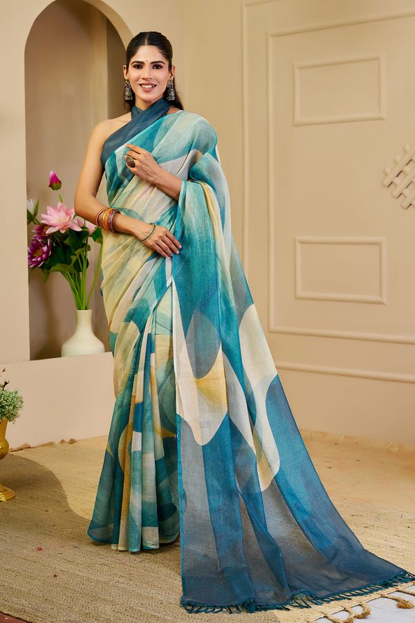 Teal Tissue Handloom Cotton Saree with Zari Weave | Varnavi
