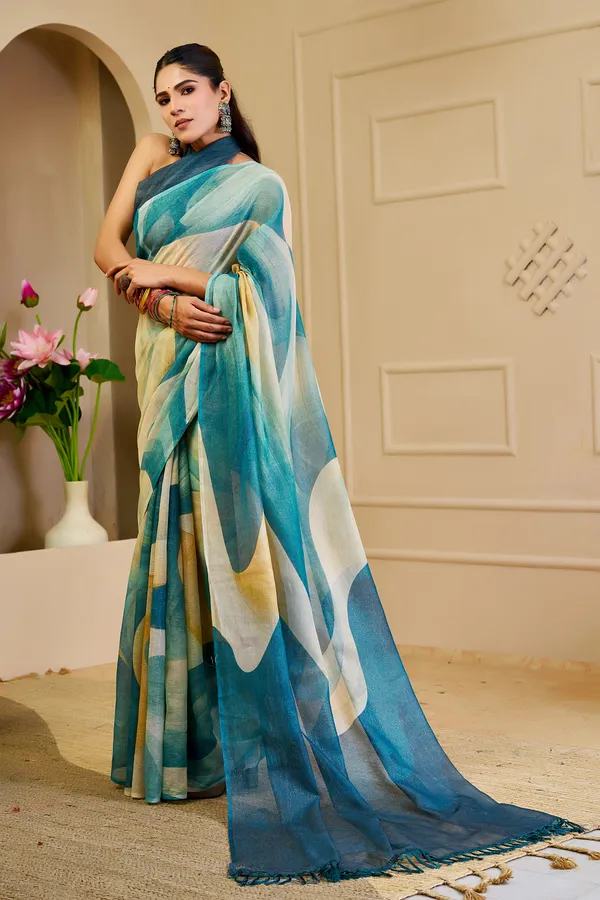 Teal Tissue Handloom Cotton Saree with Zari Weave | Varnavi