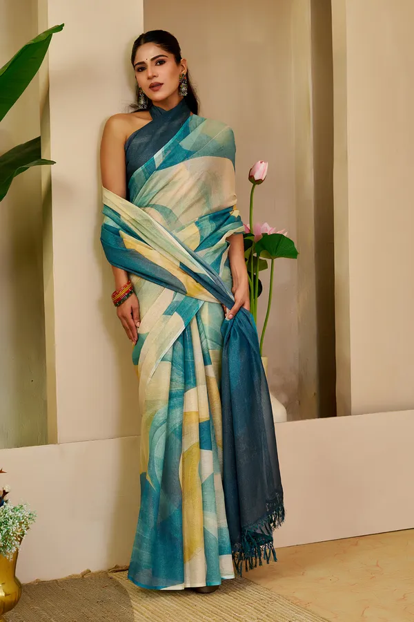 Teal Tissue Handloom Cotton Saree with Zari Weave | Varnavi
