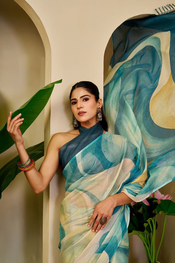 Teal Tissue Handloom Cotton Saree with Zari Weave | Varnavi