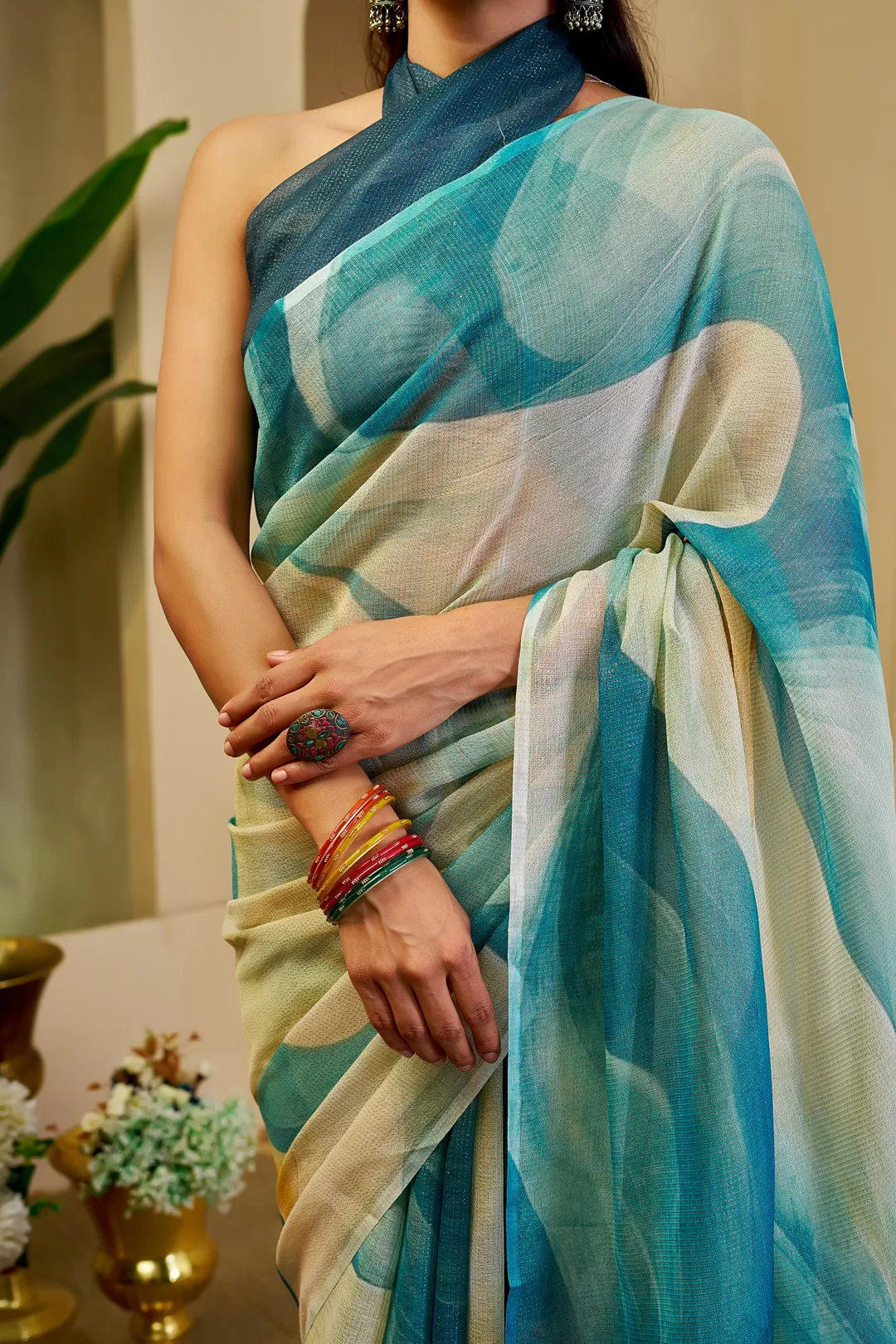 Teal Tissue Handloom Cotton Saree with Zari Weave | Varnavi