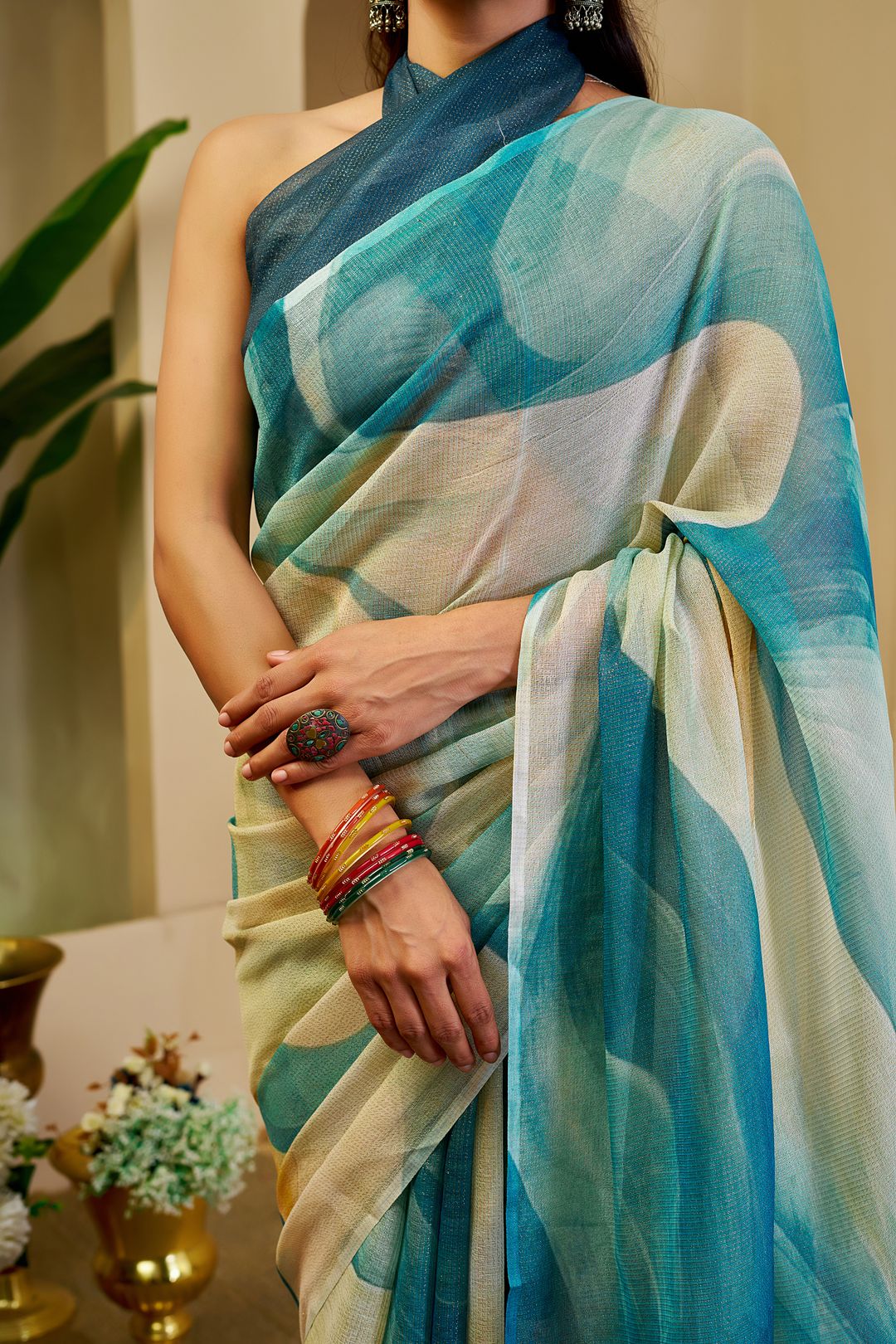 Teal Tissue Handloom Cotton Saree with Zari Weave | Varnavi