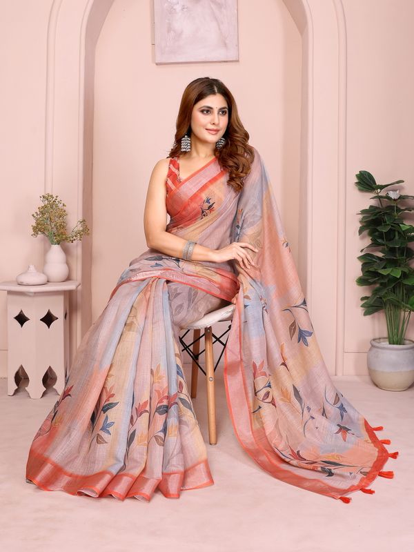 Peach Linen Cotton Floral Saree with Contrast Blue Border