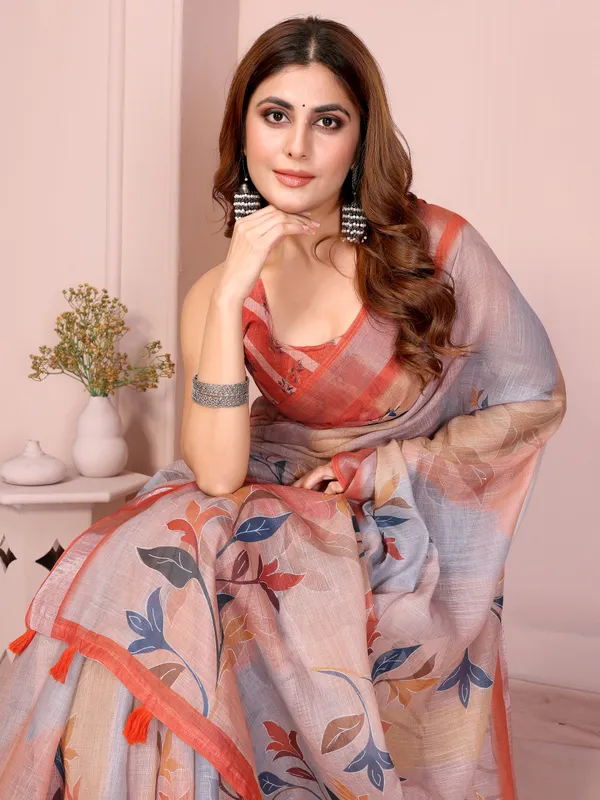 Peach Linen Cotton Floral Saree with Contrast Blue Border