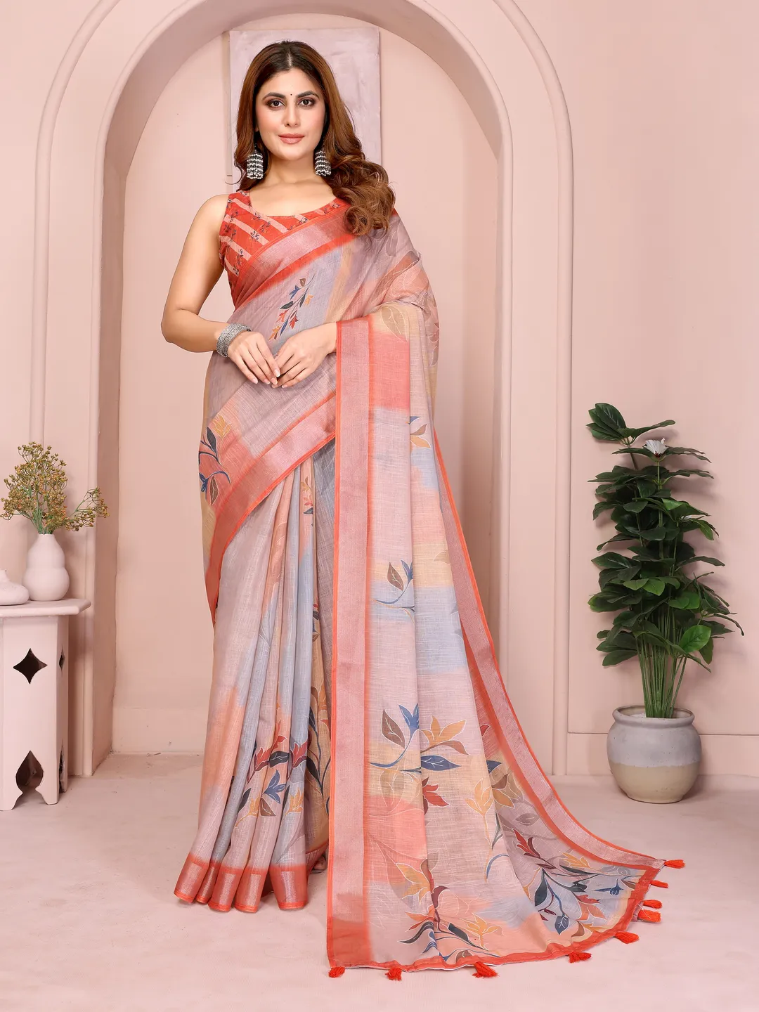 Peach Linen Cotton Floral Saree with Contrast Blue Border