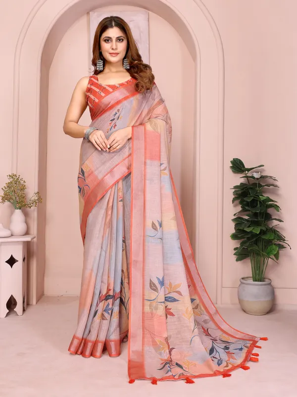 Peach Linen Cotton Floral Saree with Contrast Blue Border