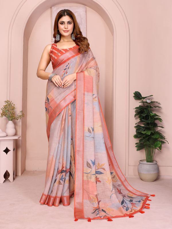 Peach Linen Cotton Floral Saree with Contrast Blue Border