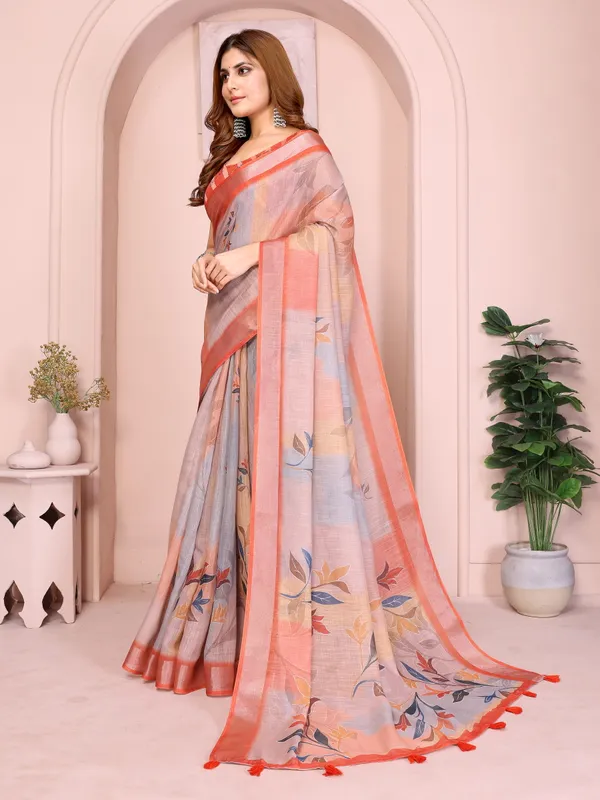 Peach Linen Cotton Floral Saree with Contrast Blue Border