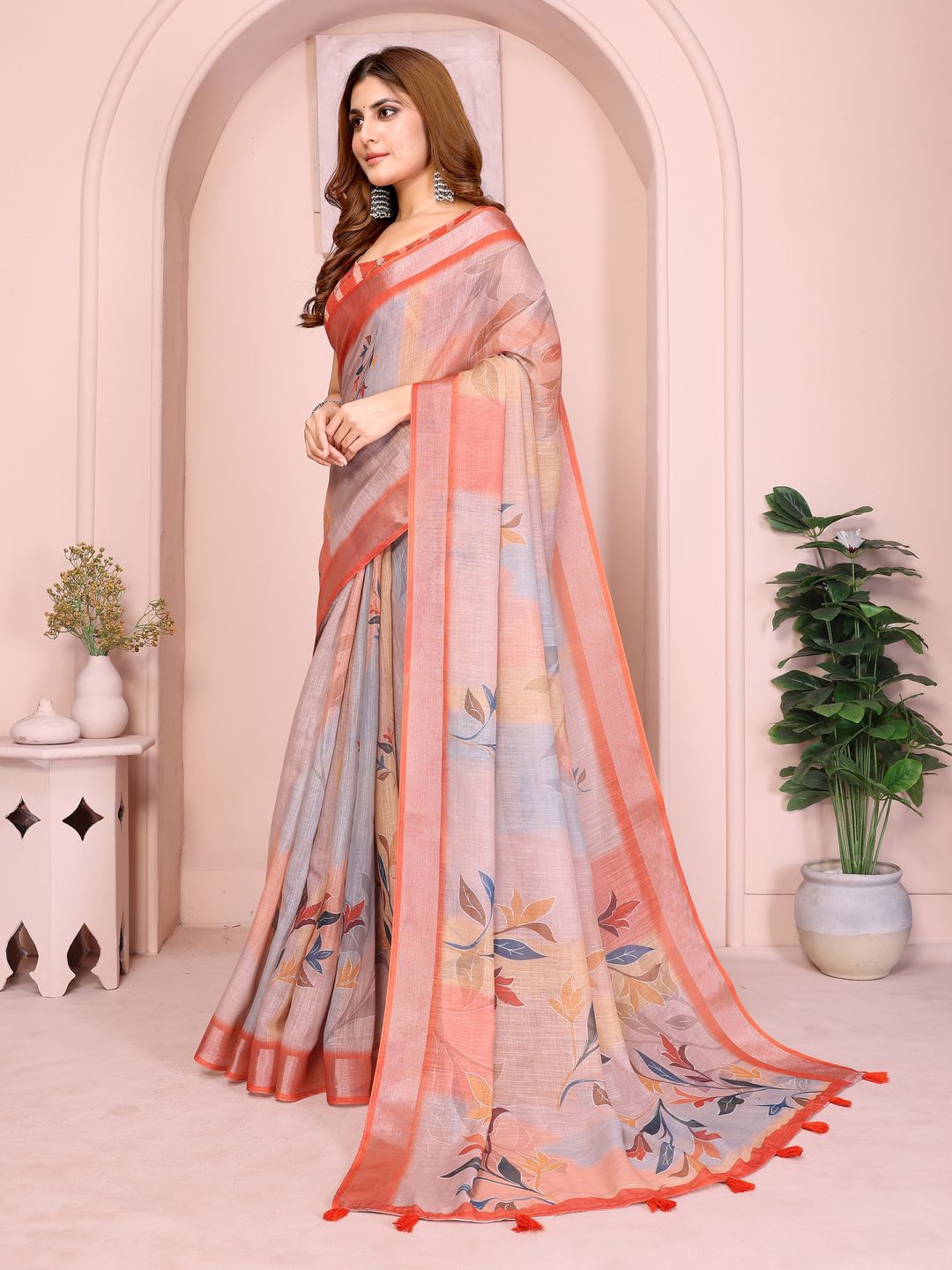 Peach Linen Cotton Floral Saree with Contrast Blue Border