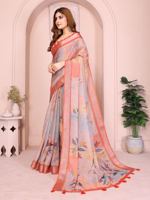 Peach Linen Cotton Floral Saree with Contrast Blue Border